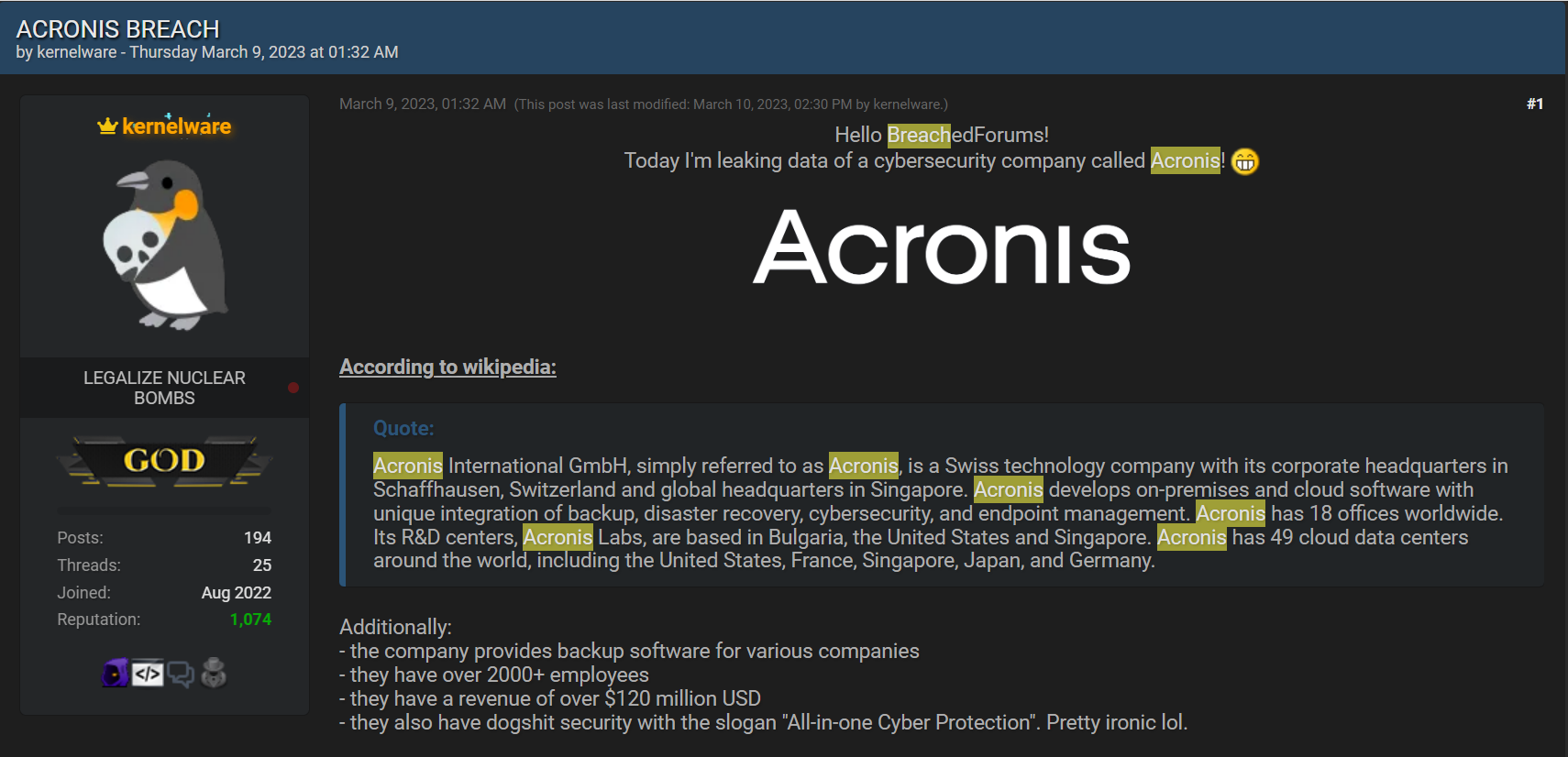 Acronis states that only one customer’s account has been compromised. Much ado about nothing