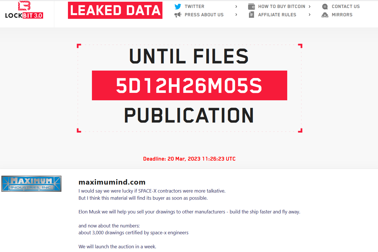 LockBit Ransomware gang claims to have stolen SpaceX confidential data from Maximum Industries