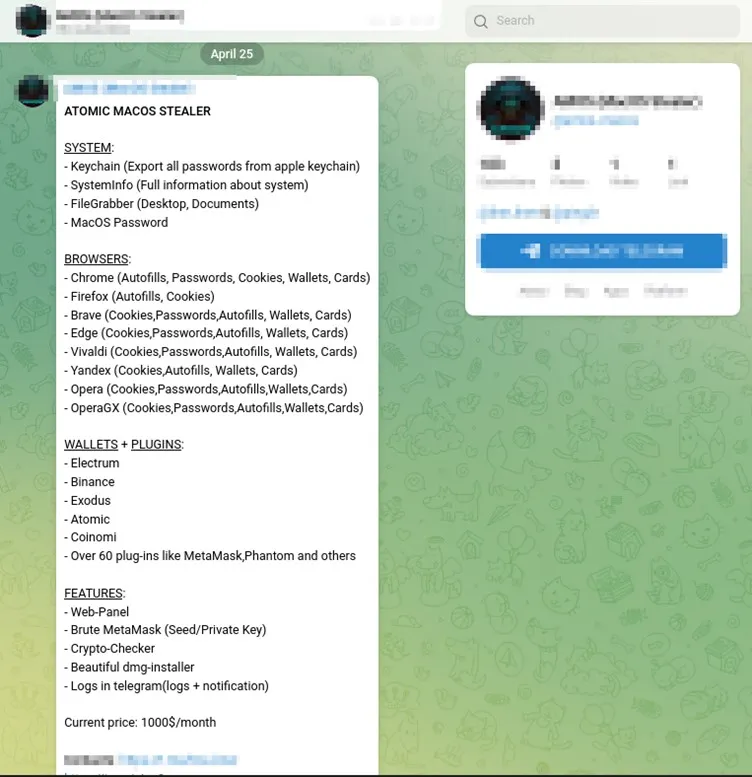Atomic macOS Stealer is advertised on Telegram for ,000 per month