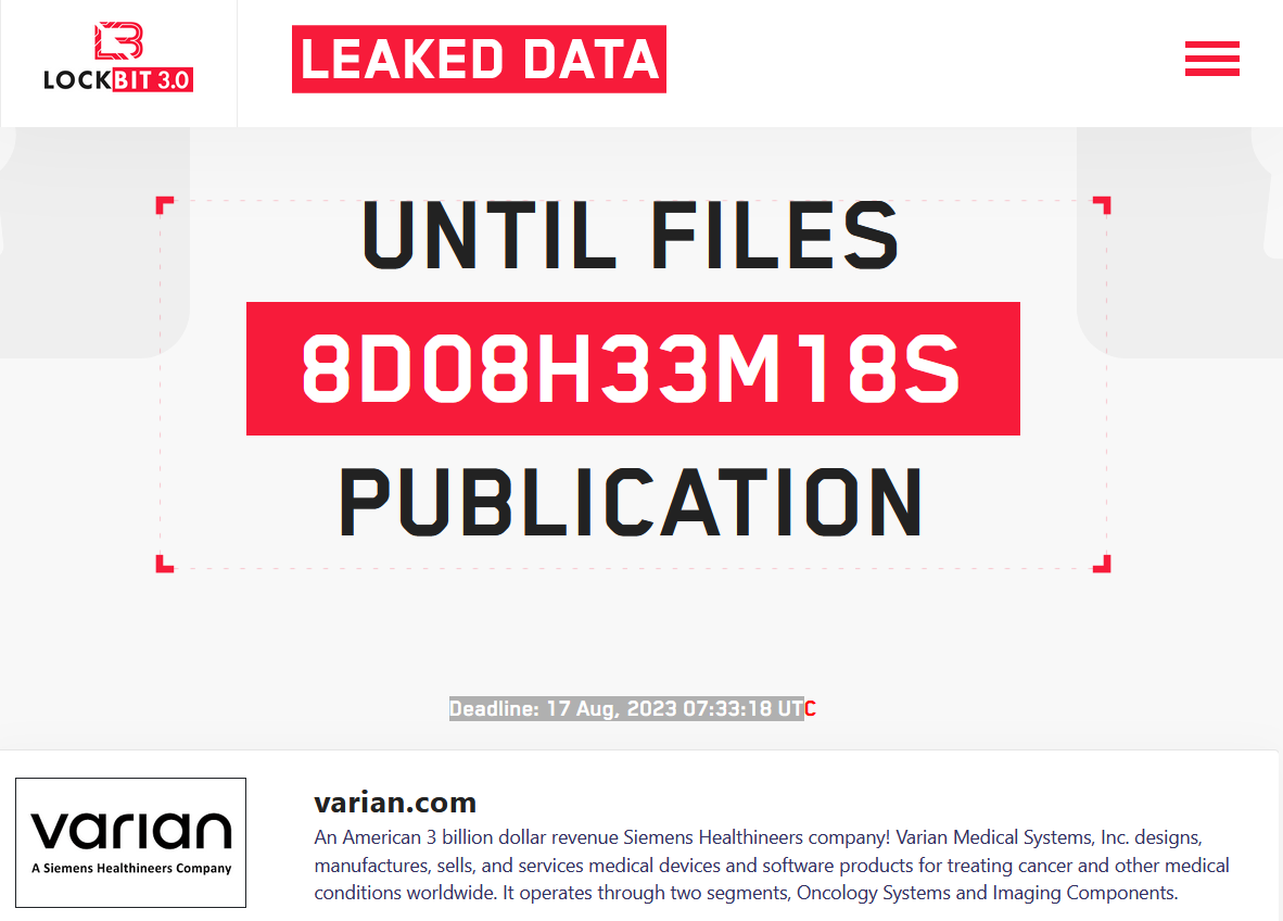 LockBit threatens to leak medical data of cancer patients stolen from Varian Medical Systems