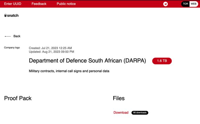 Snatch gang claims the hack of the Department of Defence South Africa