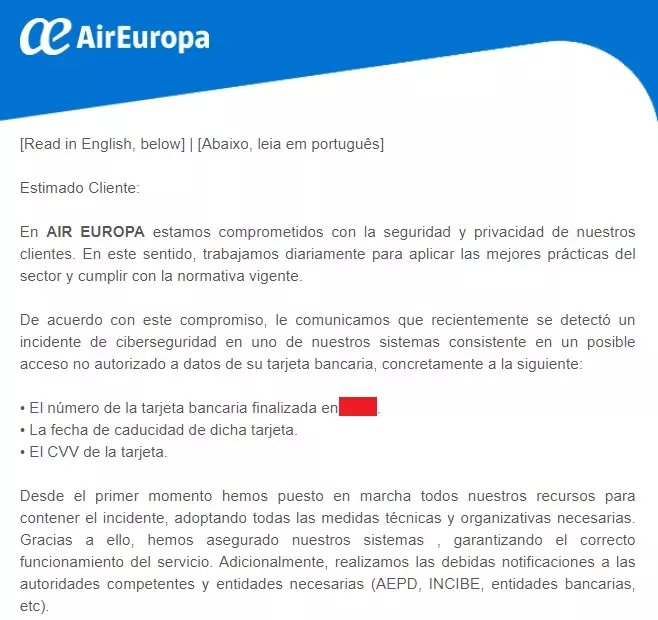 Air Europa data breach exposed customers' credit cards