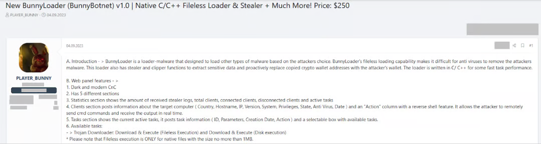 BunnyLoader, a new Malware-as-a-Service advertised in cybercrime forums