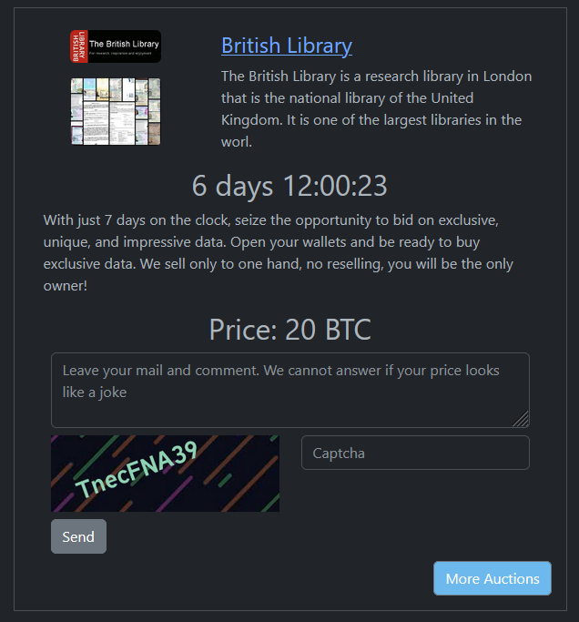 Rhysida ransomware gang is auctioning data stolen from the British Library