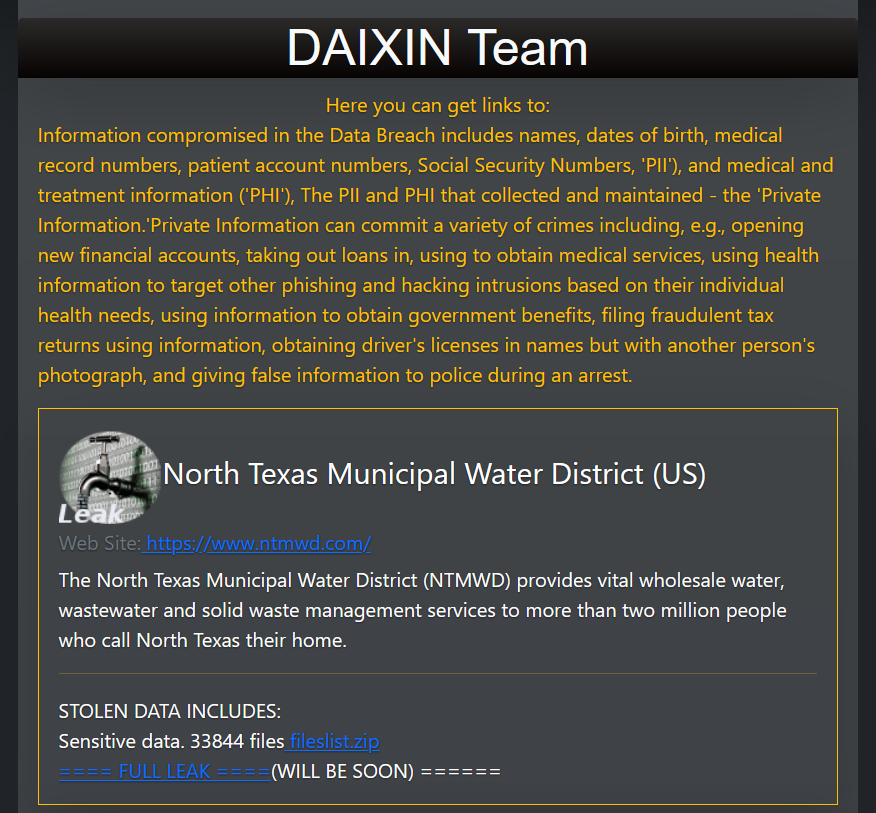 Daixin Team group claimed the hack of North Texas Municipal Water District