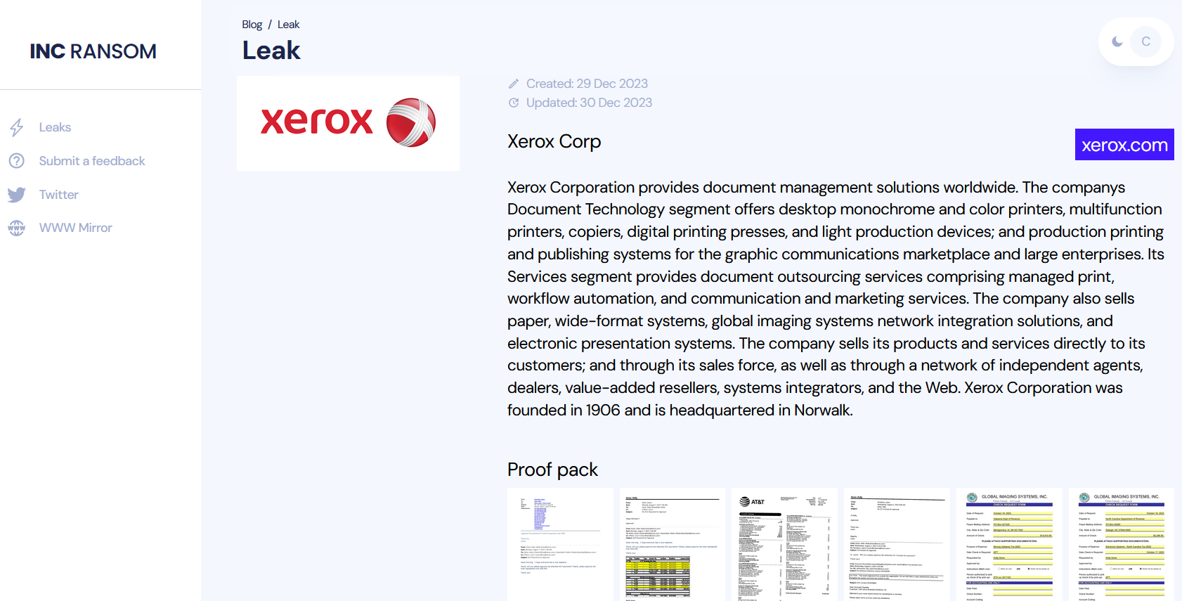 INC RANSOM ransomware gang claims to have breached Xerox Corp