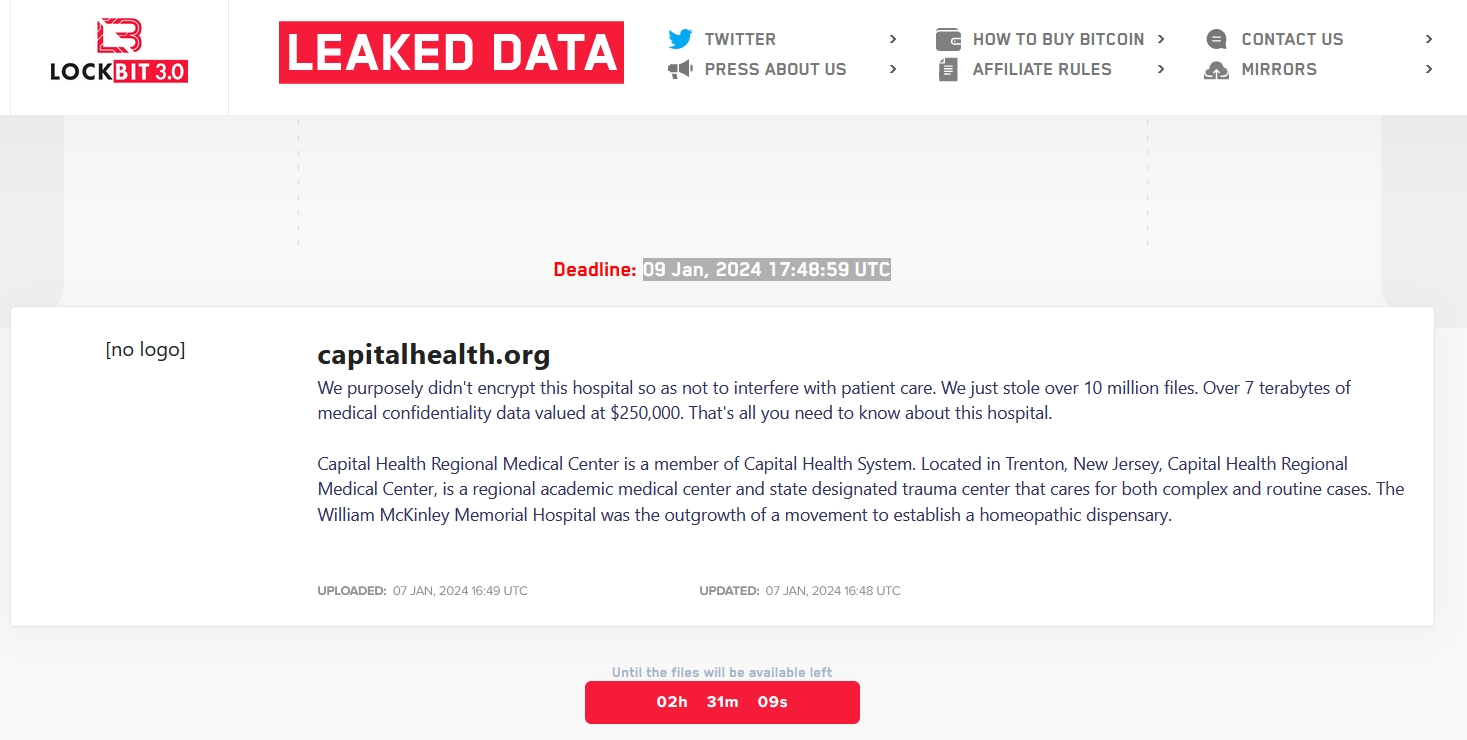 LockBit ransomware gang claims the attack on Capital Health