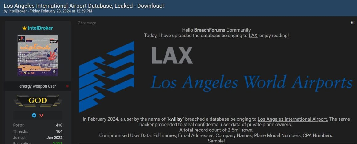 IntelBroker claimed the hack of the Los Angeles International Airport