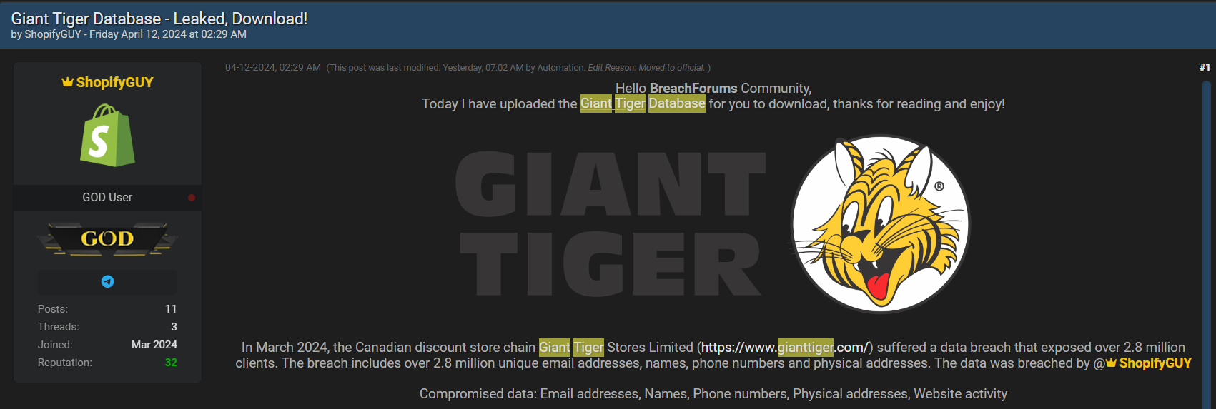 Giant Tiger data breach may have impacted millions of customers